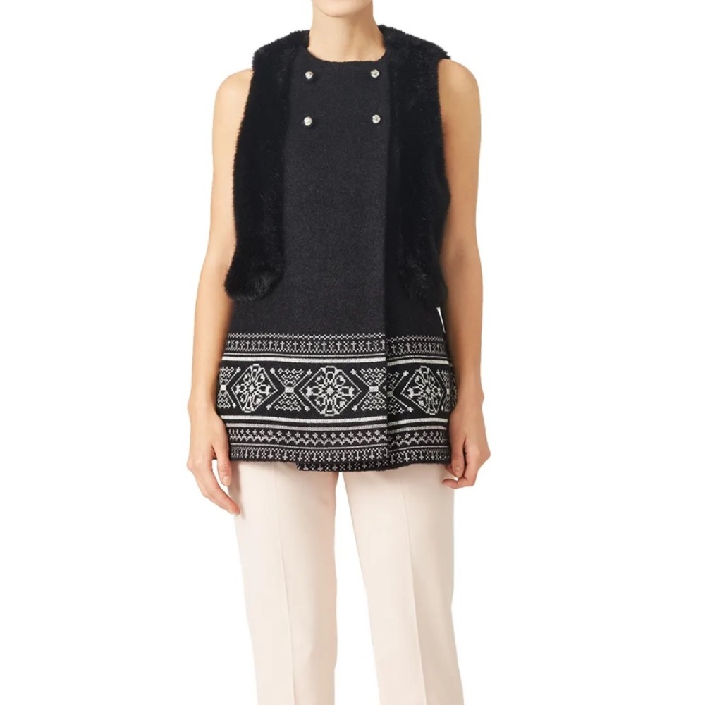 Giamba Aztec Print Black and White Virgin Wool Blend Fur Fuzzy Vest
